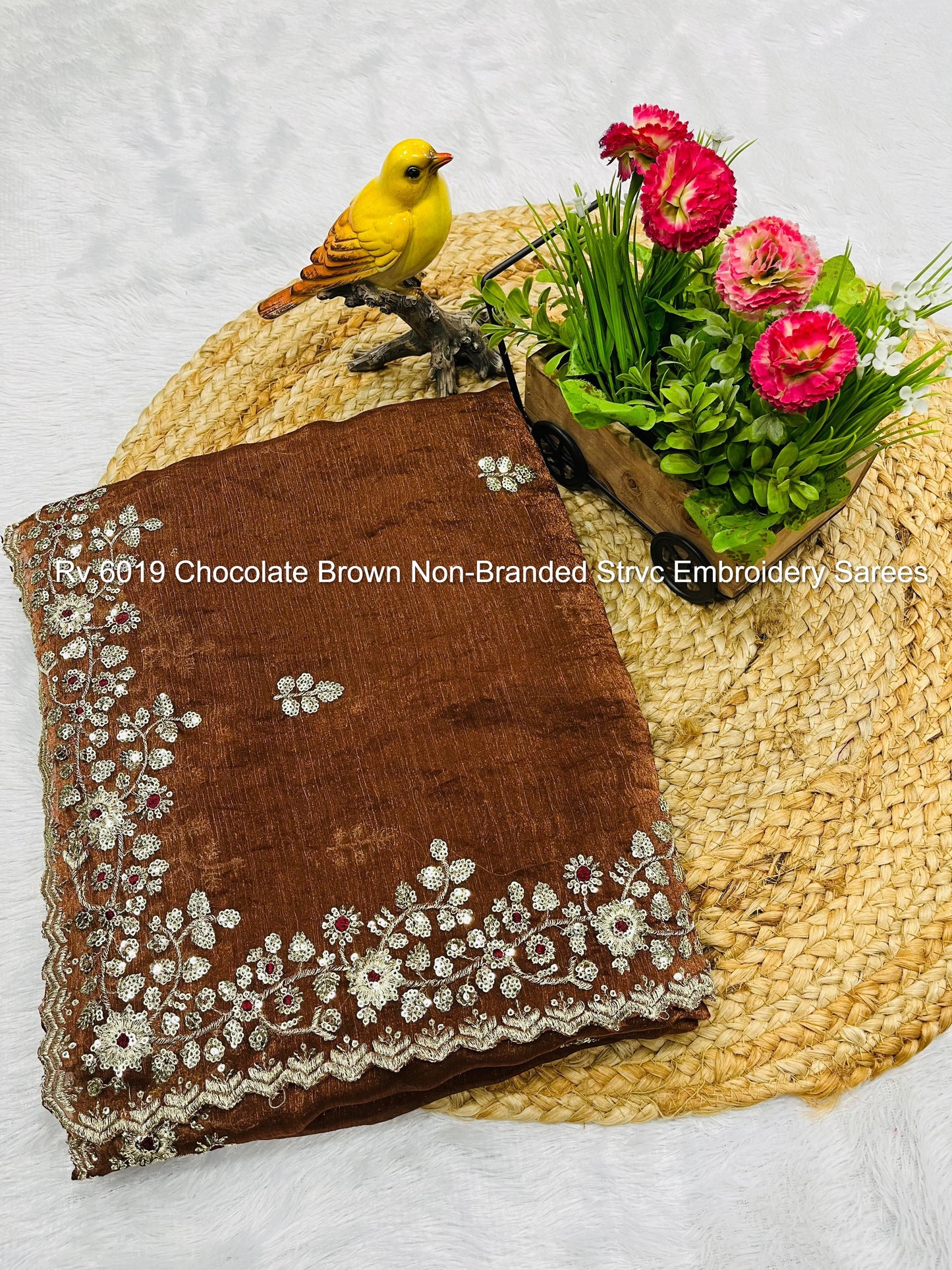 Rv 6019 Chocolate Brown Non-Branded Strvc Embroidery Sarees