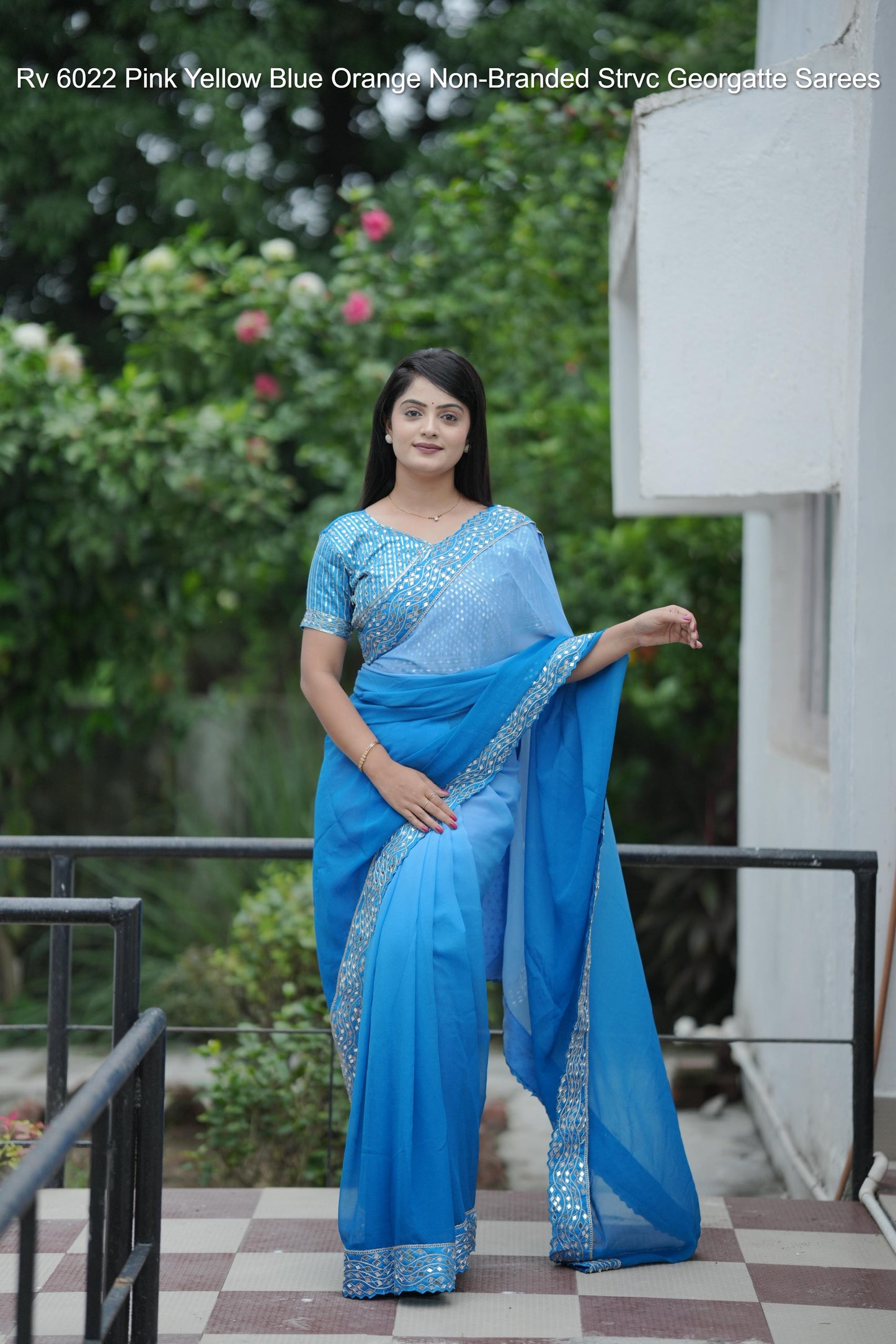 Rv 6022 Pink Yellow Blue Orange Non-Branded Strvc Georgatte Sarees