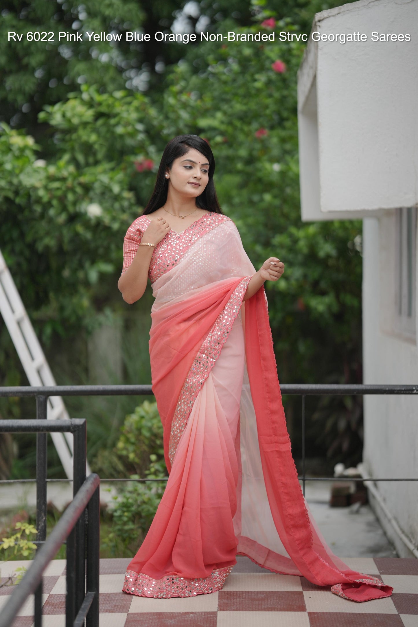 Rv 6022 Pink Yellow Blue Orange Non-Branded Strvc Georgatte Sarees