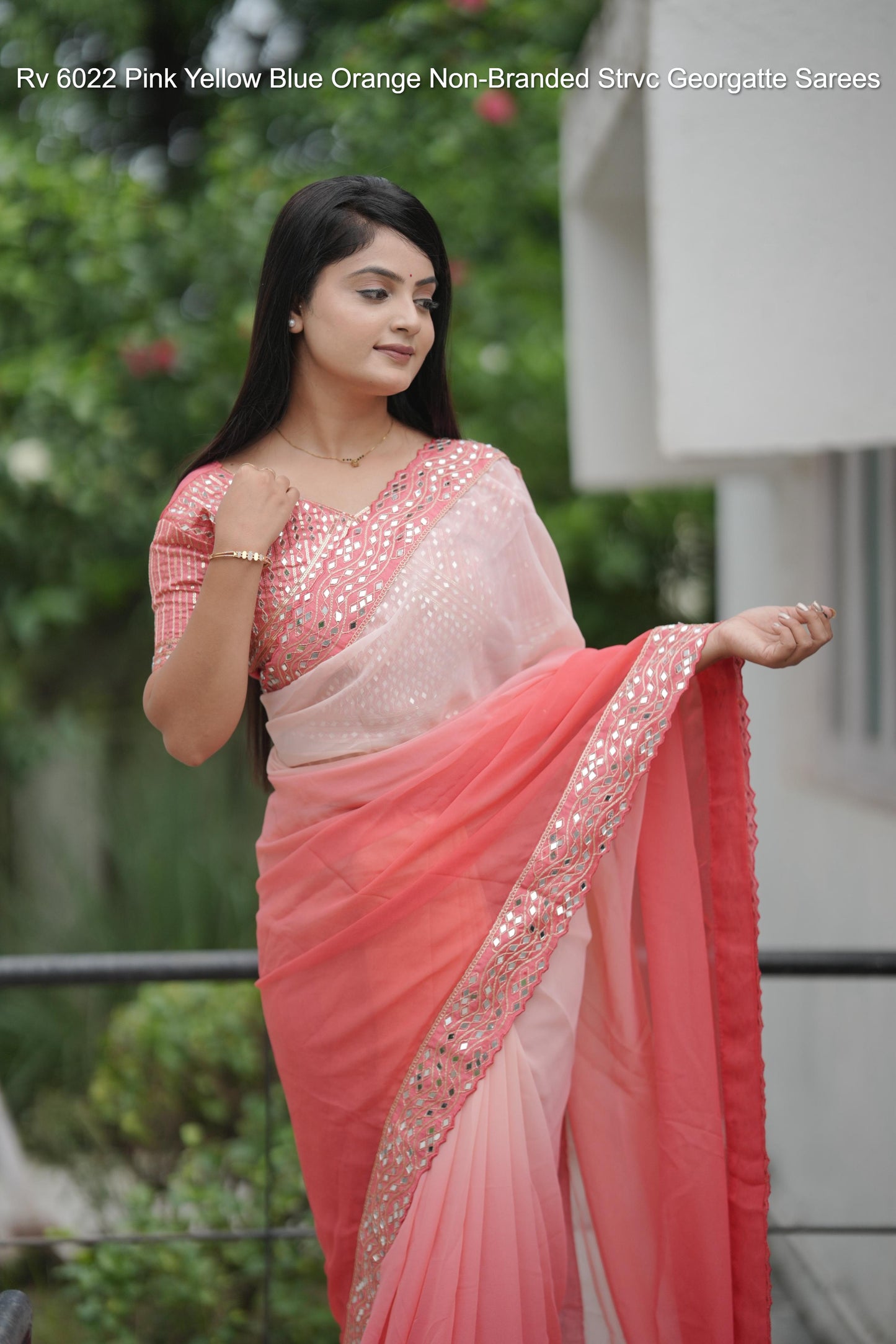 Rv 6022 Pink Yellow Blue Orange Non-Branded Strvc Georgatte Sarees