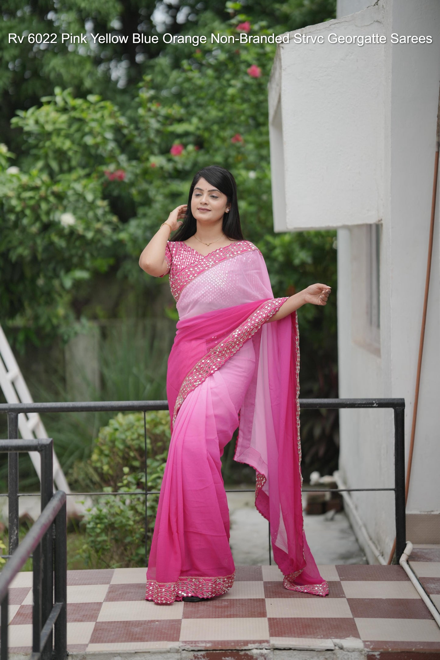Rv 6022 Pink Yellow Blue Orange Non-Branded Strvc Georgatte Sarees