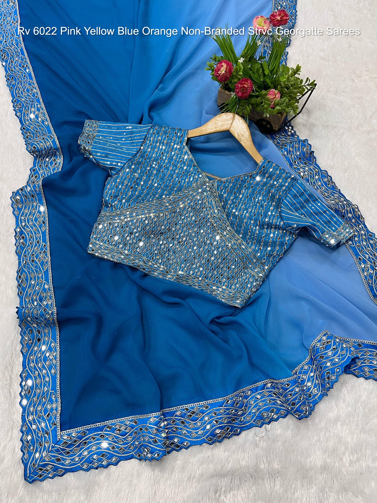 Rv 6022 Pink Yellow Blue Orange Non-Branded Strvc Georgatte Sarees