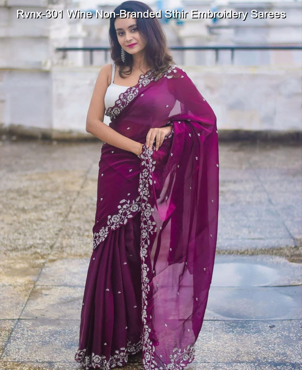 Rvnx-301 Wine Non-Branded Sthir Embroidery Sarees
