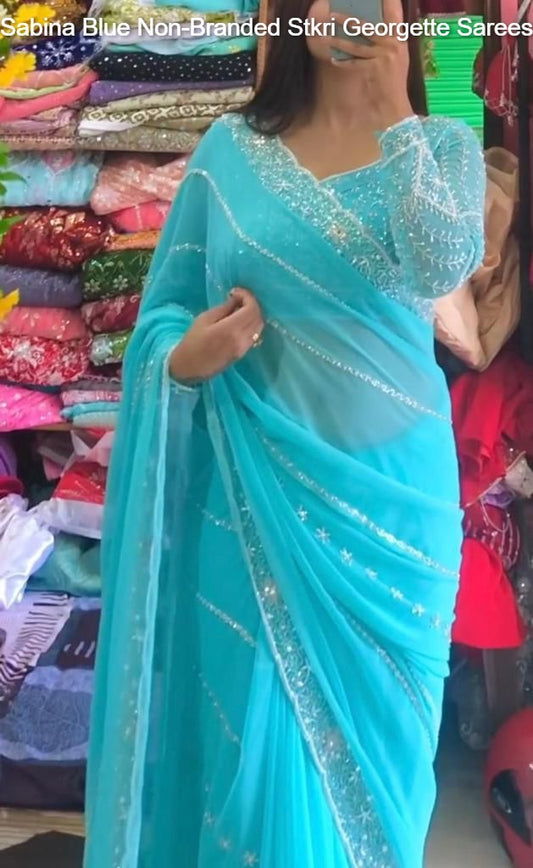 Sabina Blue Non-Branded Stkri Georgette Sarees
