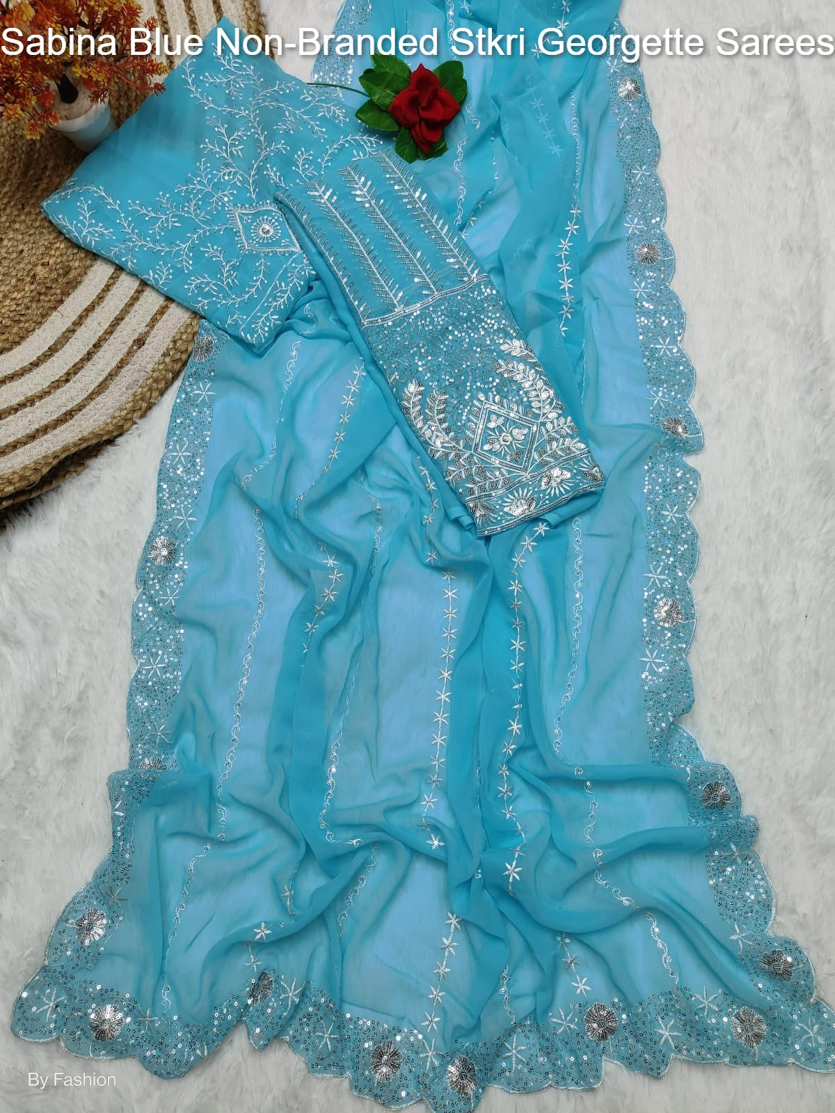 Sabina Blue Non-Branded Stkri Georgette Sarees