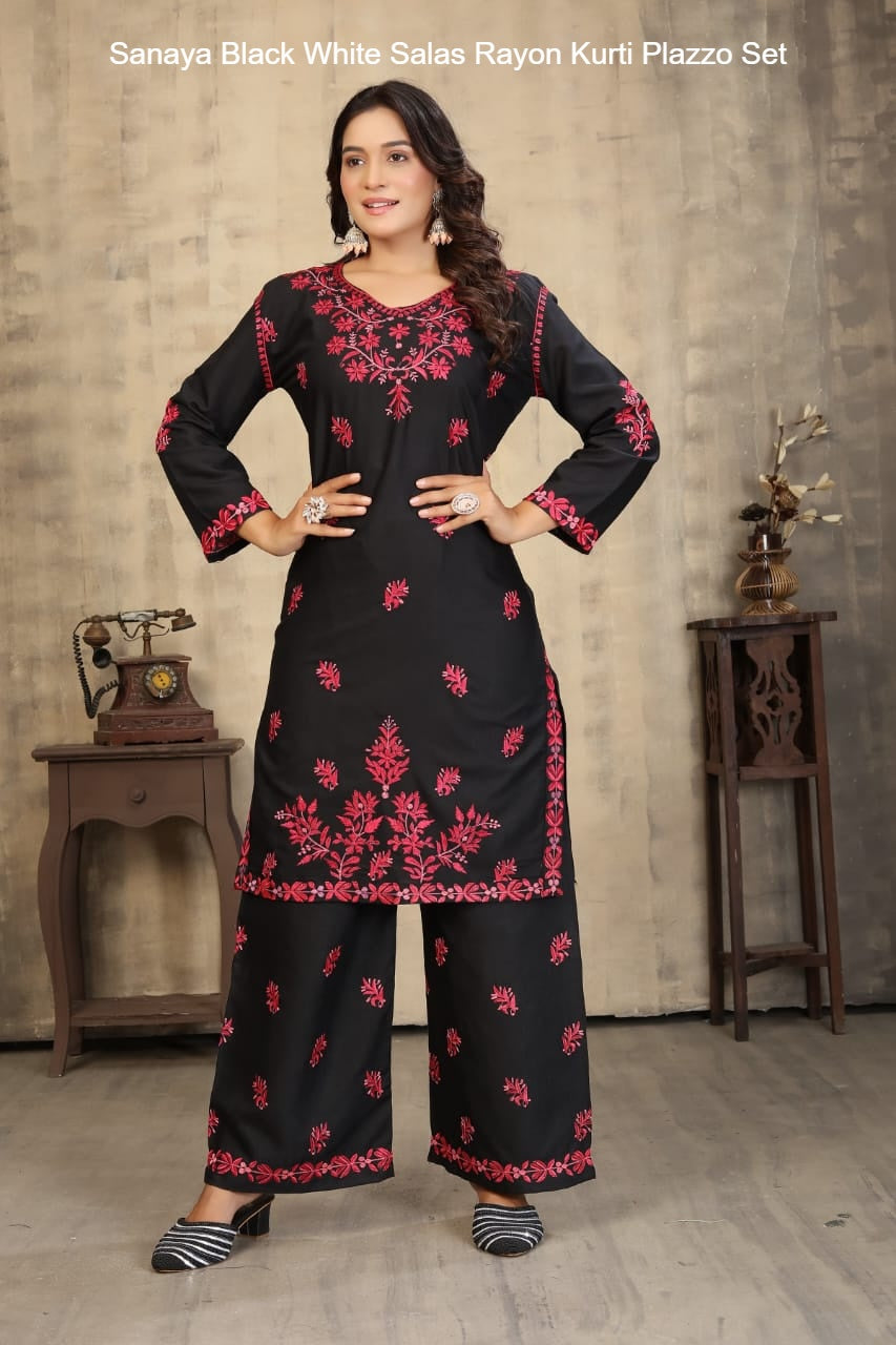 Sanaya Black White Salas Rayon Kurti Plazzo Set