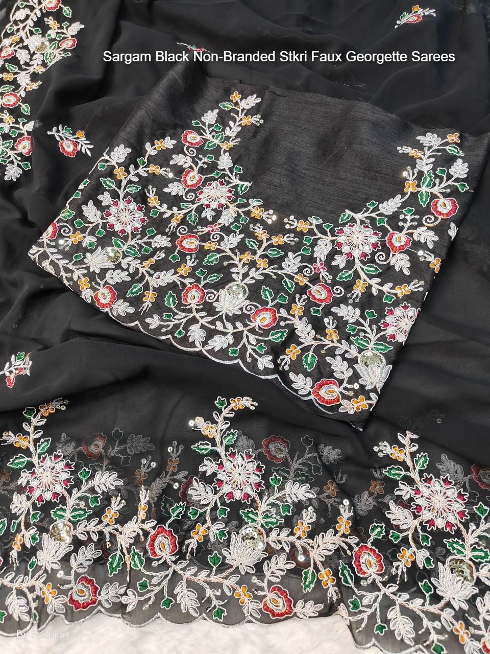 Sargam Black Non-Branded Stkri Faux Georgette Sarees