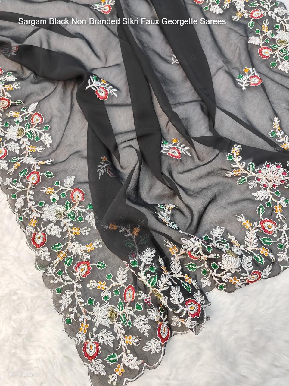 Sargam Black Non-Branded Stkri Faux Georgette Sarees