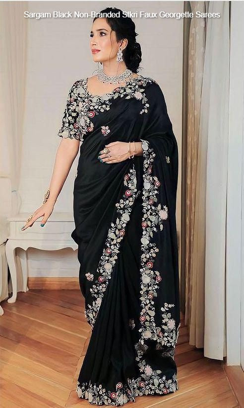 Sargam Black Non-Branded Stkri Faux Georgette Sarees