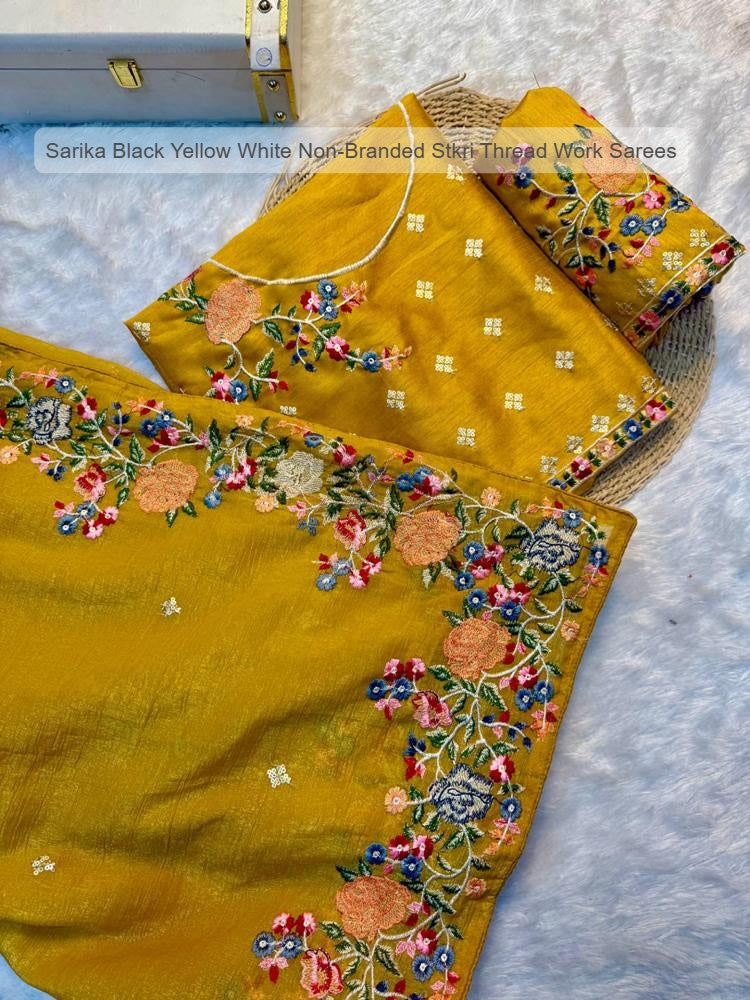 Sarika Black Yellow White Non-Branded Stkri Thread Work Sarees