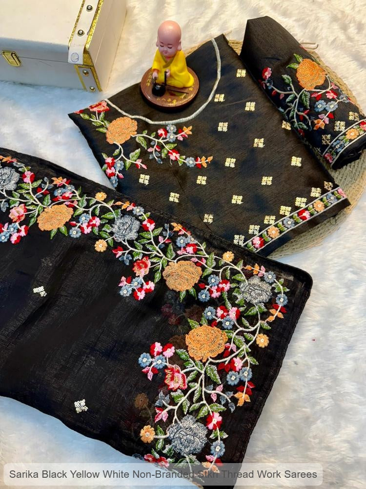 Sarika Black Yellow White Non-Branded Stkri Thread Work Sarees