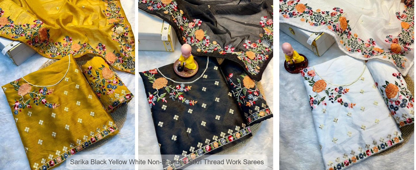 Sarika Black Yellow White Non-Branded Stkri Thread Work Sarees