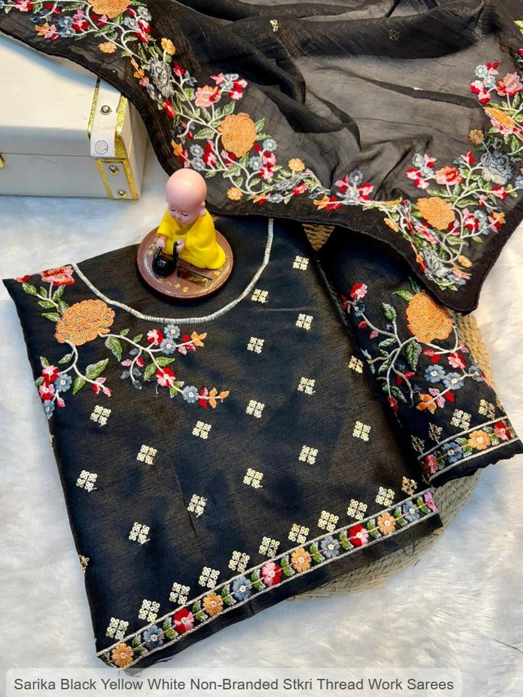 Sarika Black Yellow White Non-Branded Stkri Thread Work Sarees