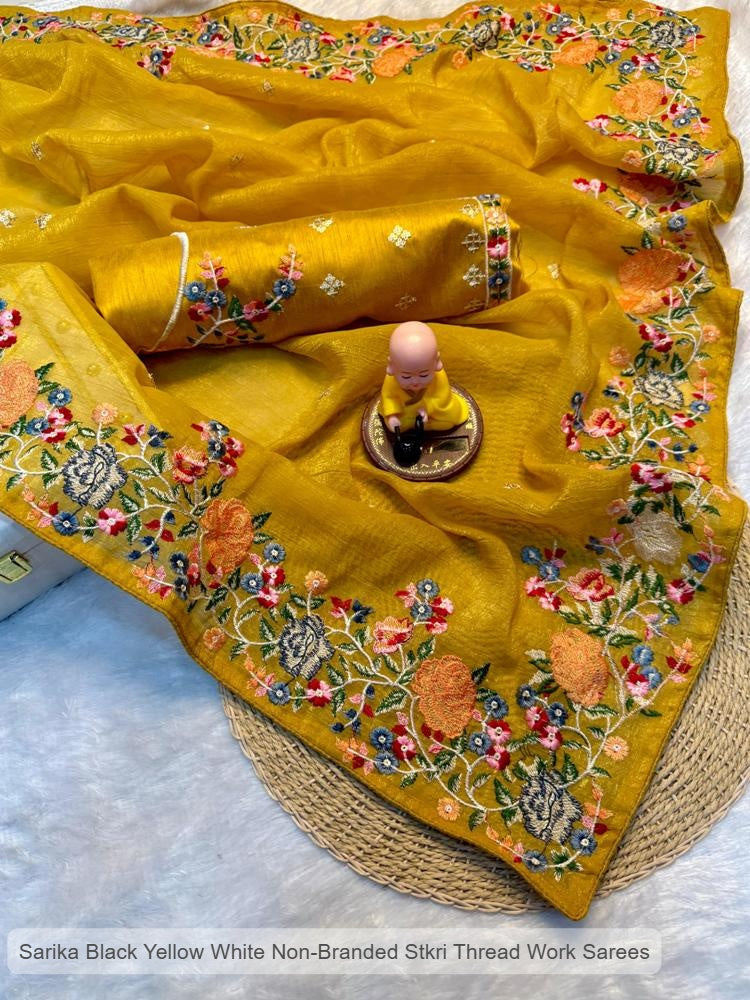 Sarika Black Yellow White Non-Branded Stkri Thread Work Sarees