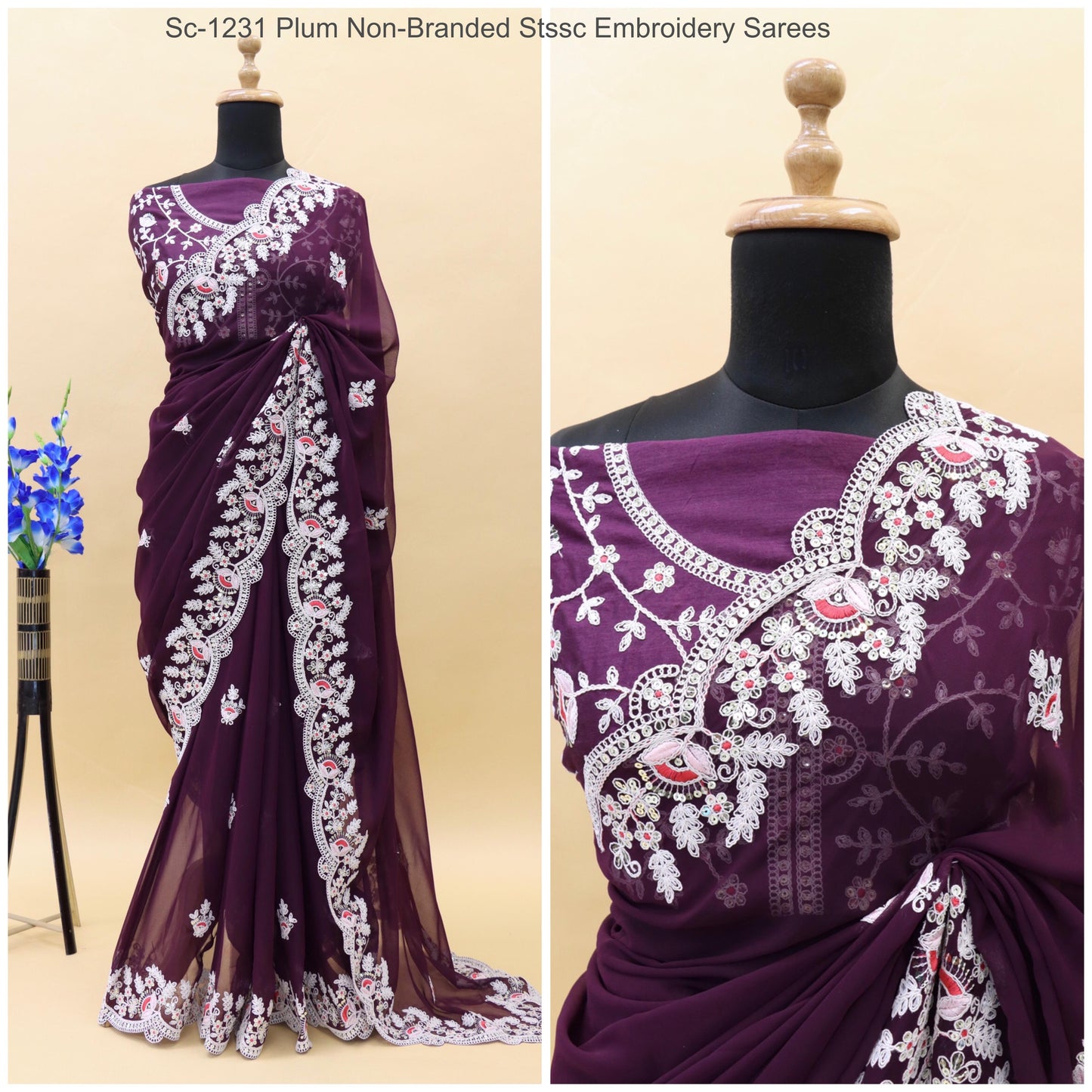 Sc-1231 Plum Non-Branded Stssc Embroidery Sarees