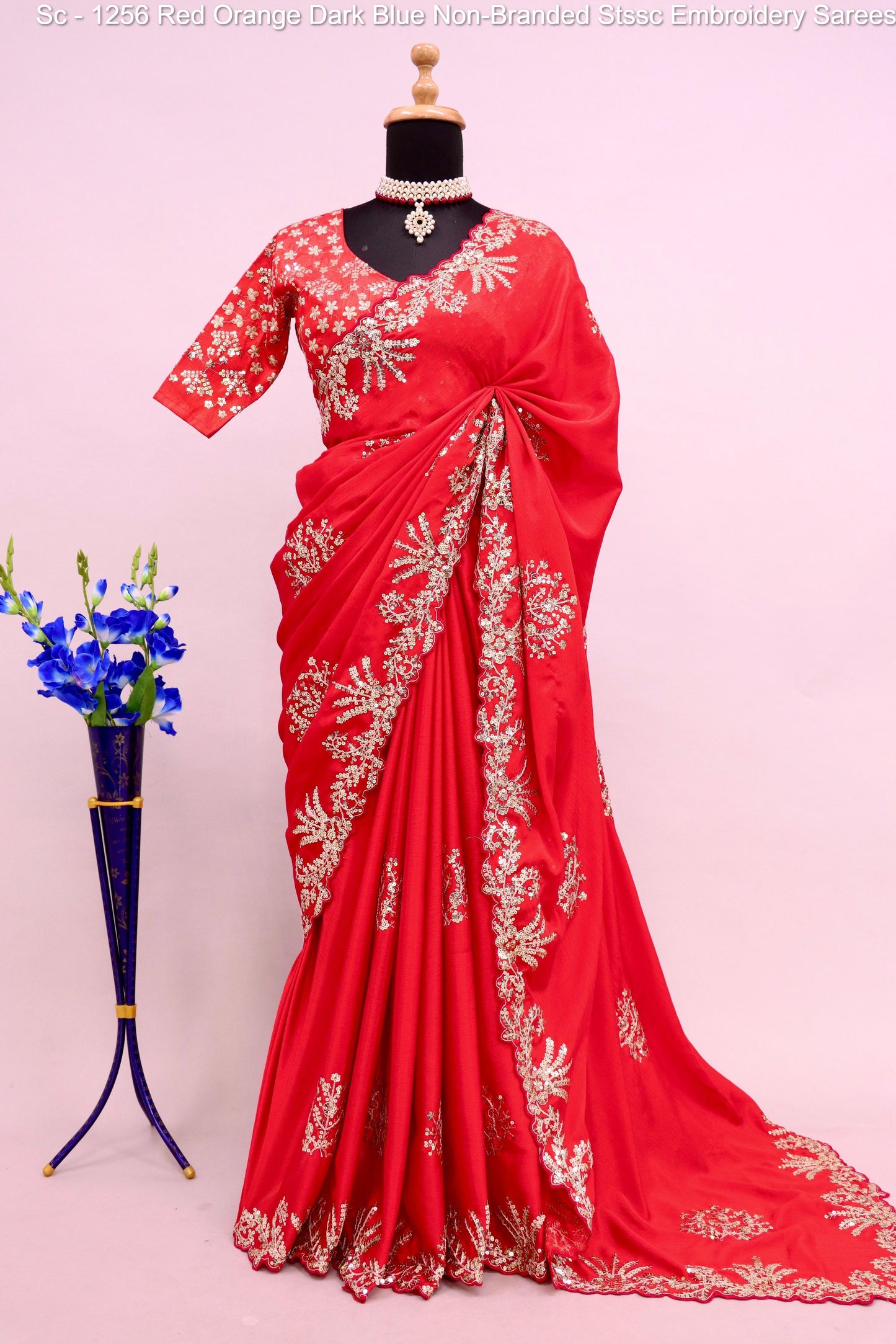 Sc - 1256 Red Orange Dark Blue Non-Branded Stssc Embroidery Sarees