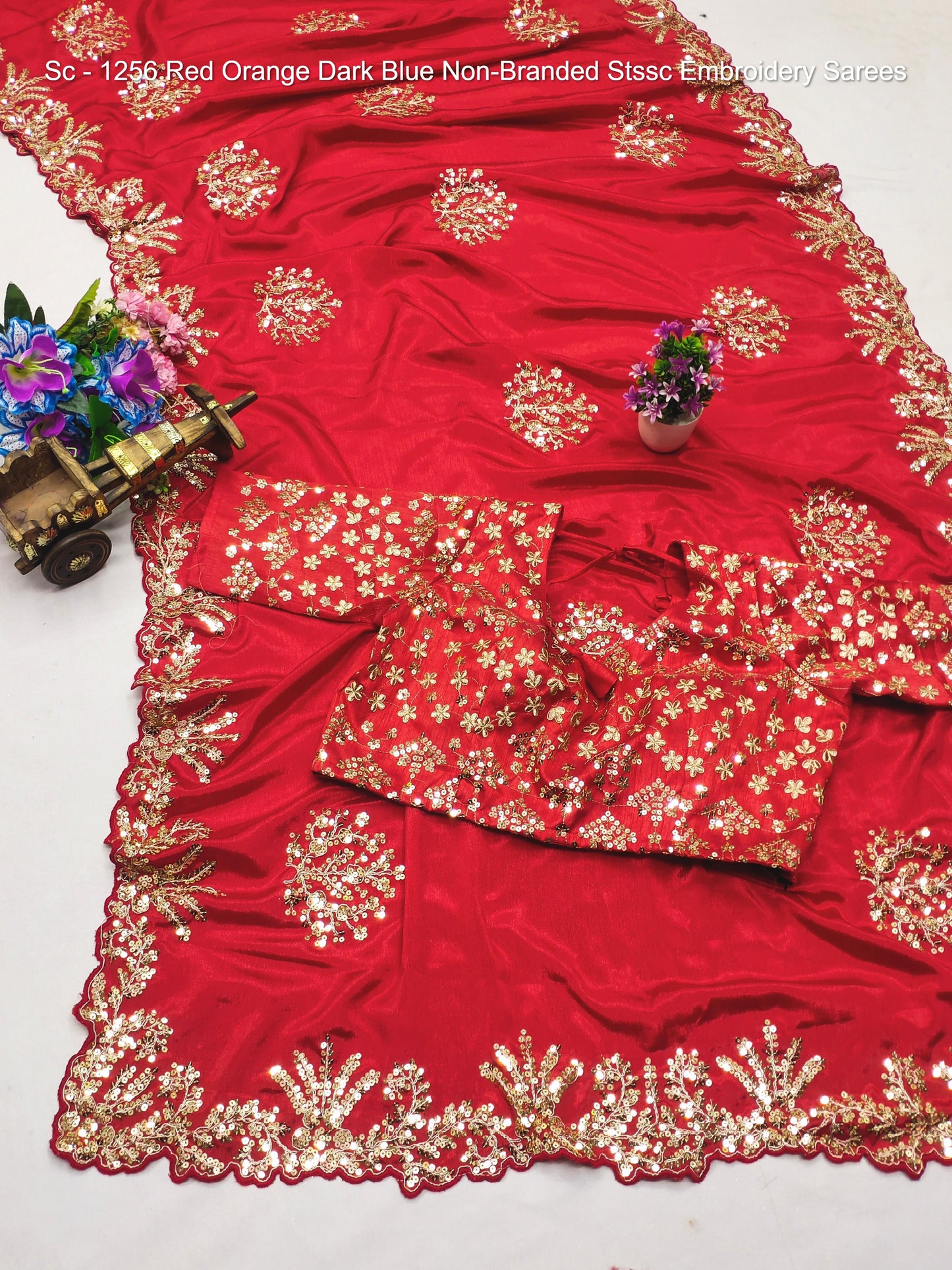 Sc - 1256 Red Orange Dark Blue Non-Branded Stssc Embroidery Sarees