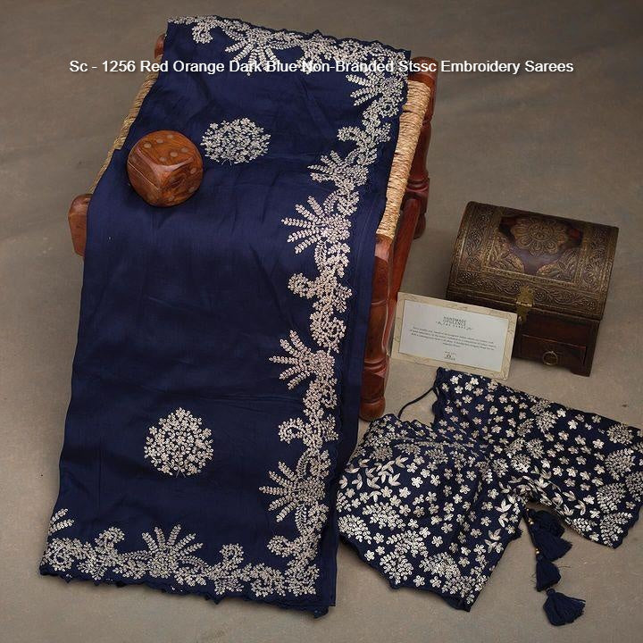 Sc - 1256 Red Orange Dark Blue Non-Branded Stssc Embroidery Sarees