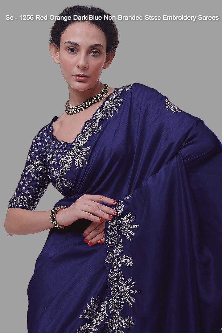Sc - 1256 Red Orange Dark Blue Non-Branded Stssc Embroidery Sarees