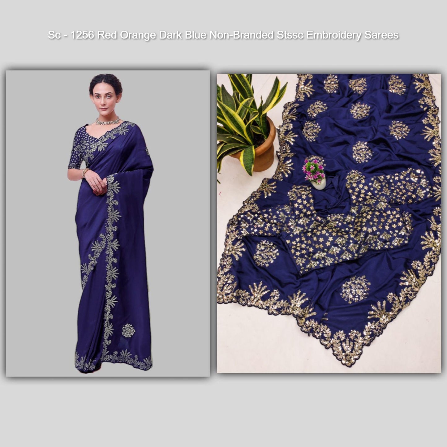 Sc - 1256 Red Orange Dark Blue Non-Branded Stssc Embroidery Sarees