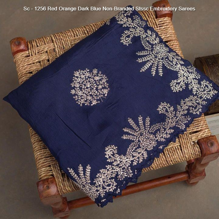 Sc - 1256 Red Orange Dark Blue Non-Branded Stssc Embroidery Sarees