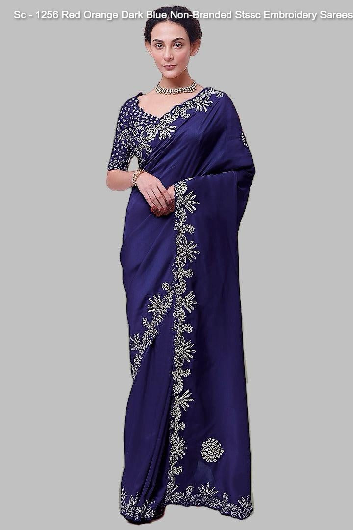 Sc - 1256 Red Orange Dark Blue Non-Branded Stssc Embroidery Sarees