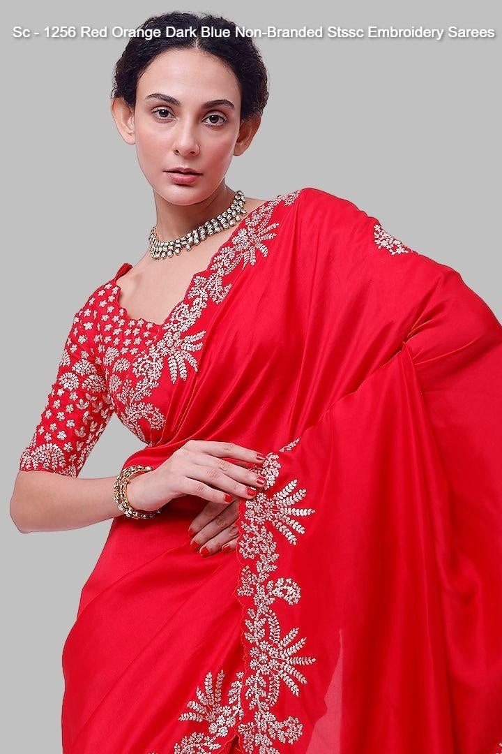 Sc - 1256 Red Orange Dark Blue Non-Branded Stssc Embroidery Sarees