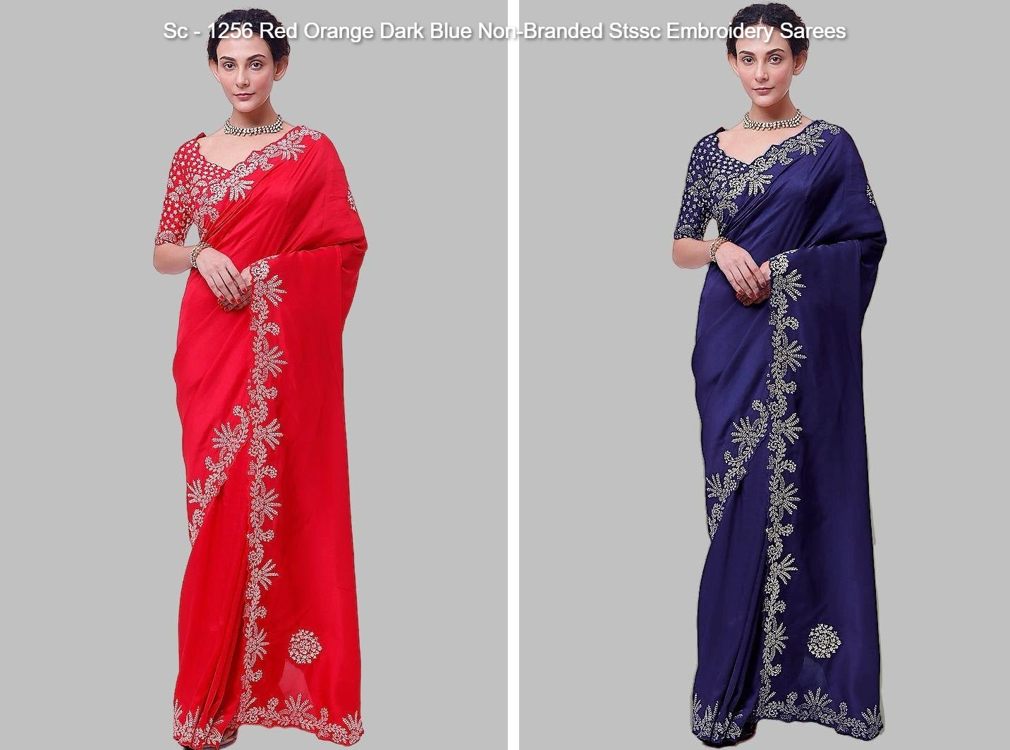 Sc - 1256 Red Orange Dark Blue Non-Branded Stssc Embroidery Sarees