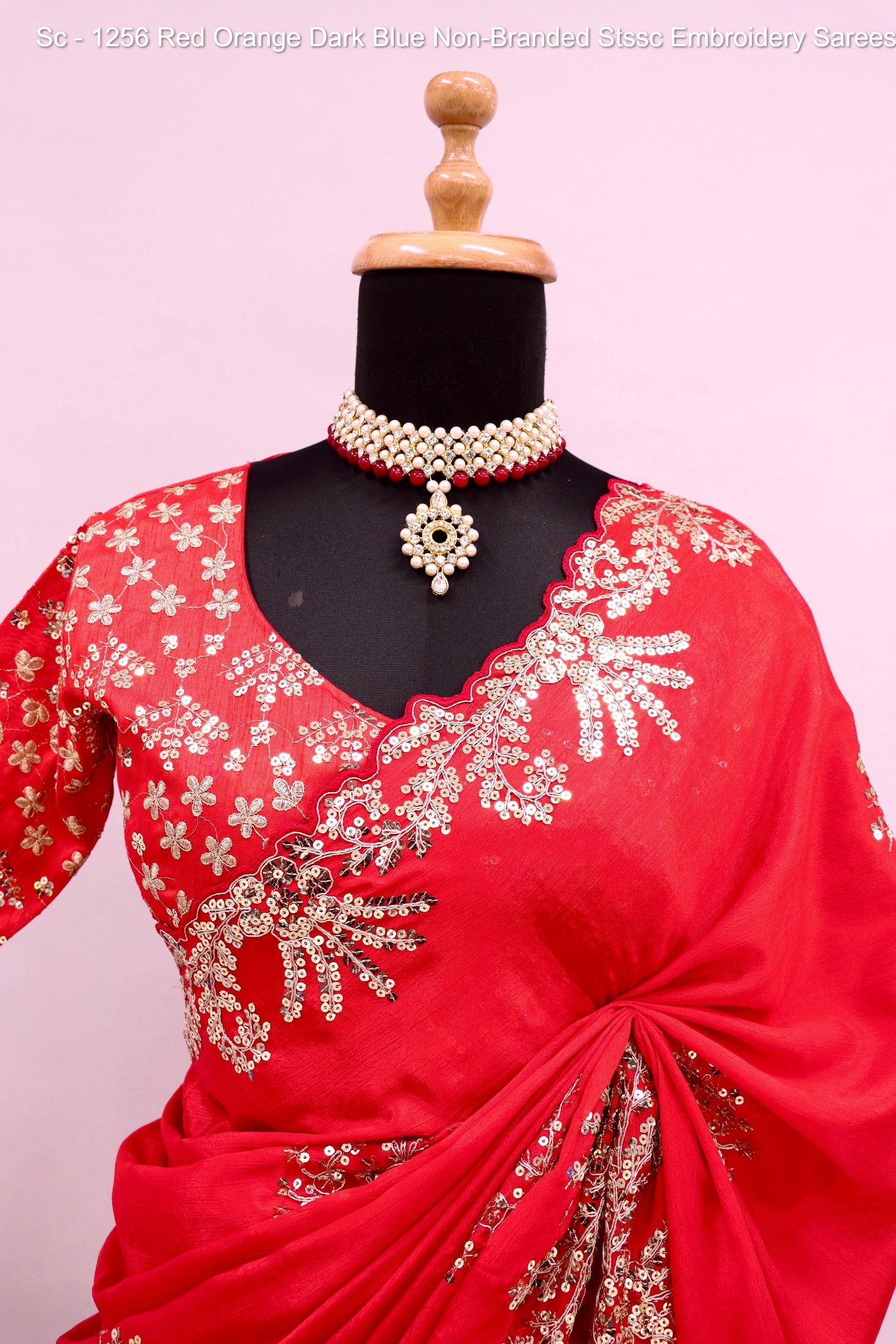Sc - 1256 Red Orange Dark Blue Non-Branded Stssc Embroidery Sarees