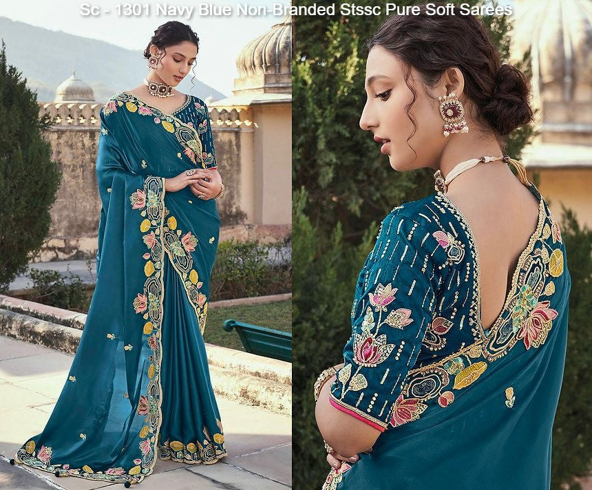 Sc - 1301 Navy Blue Non-Branded Stssc Pure Soft Sarees