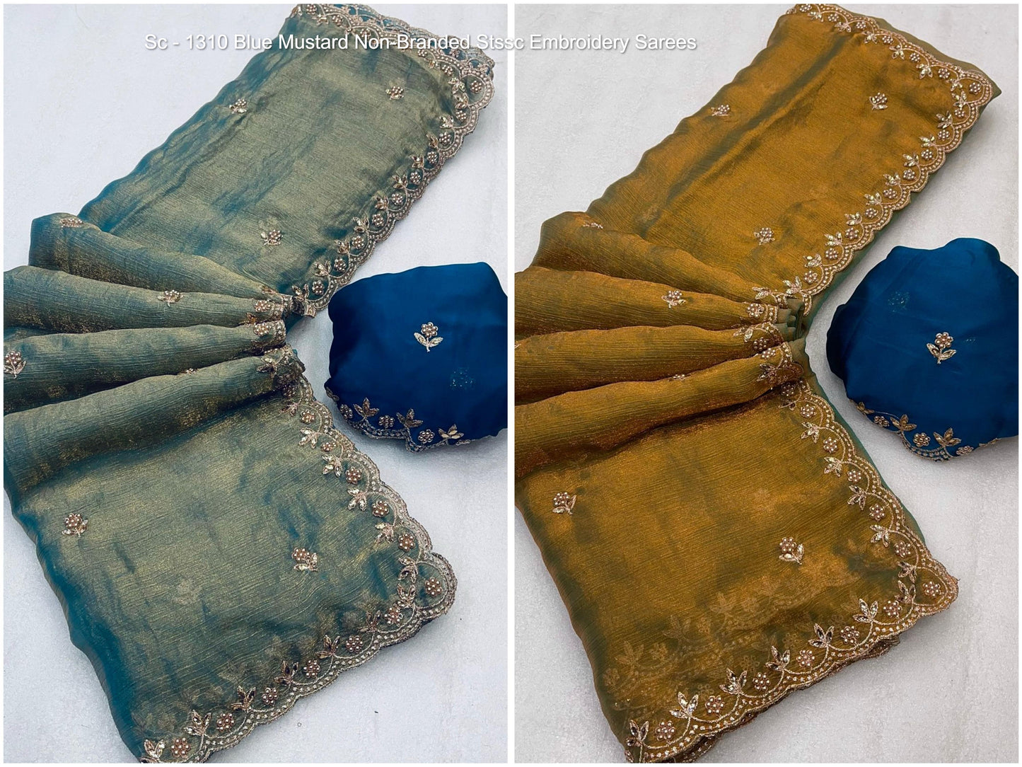 Sc - 1310 Blue Mustard Non-Branded Stssc Embroidery Sarees