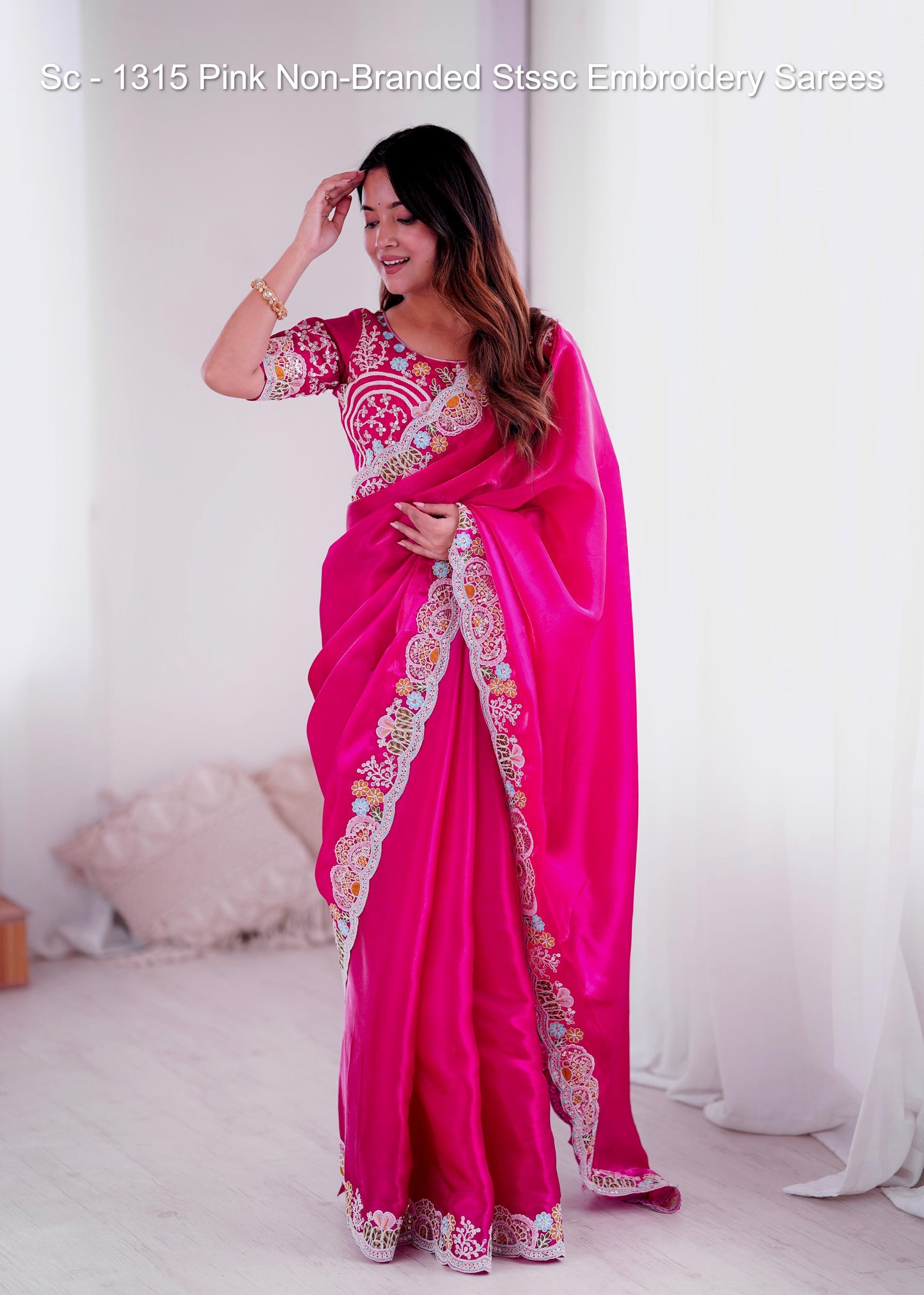 Sc - 1315 Pink Non-Branded Stssc Embroidery Sarees