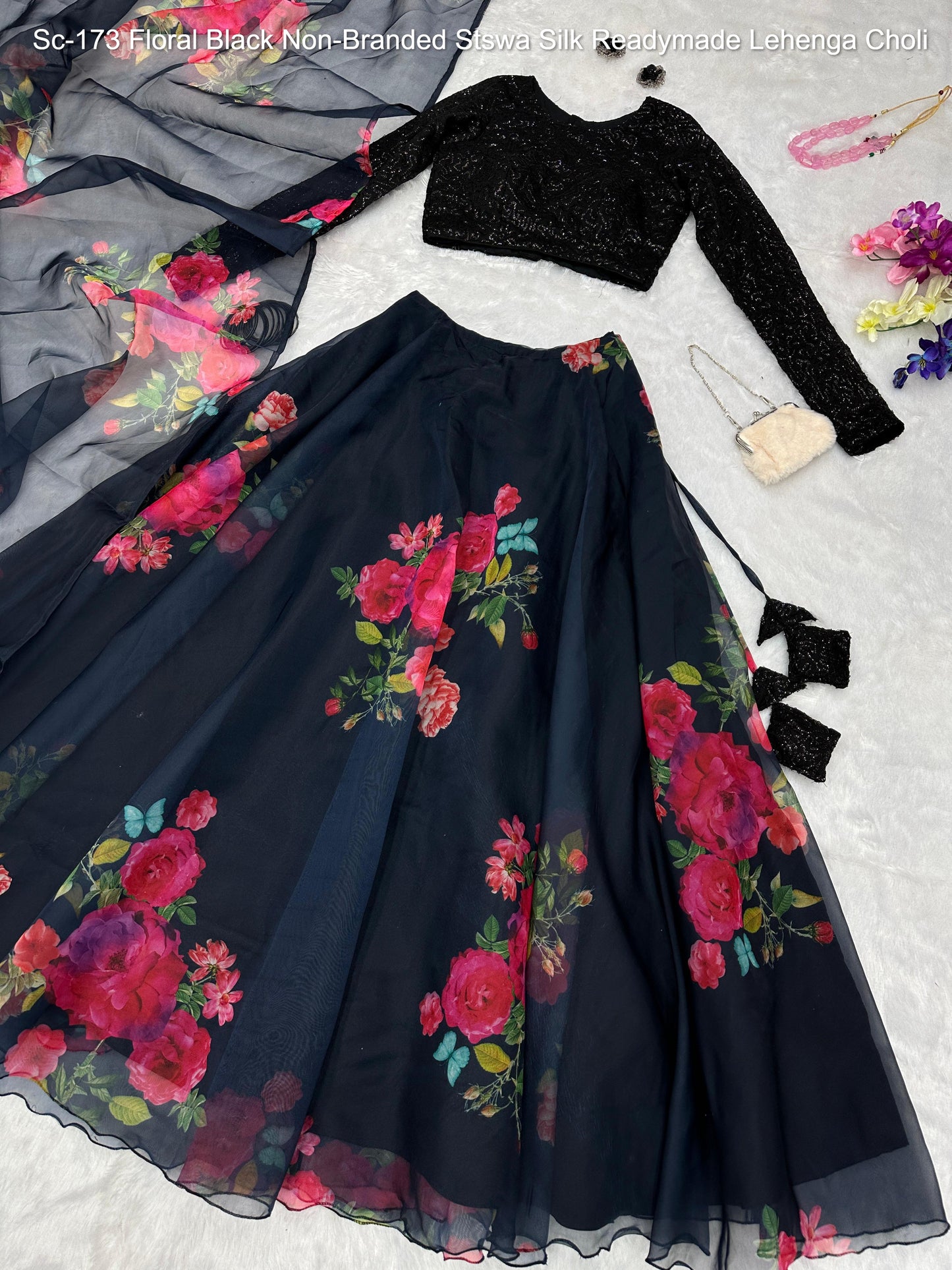 Sc-173 Floral Black Non-Branded Stswa Silk Readymade Lehenga Choli