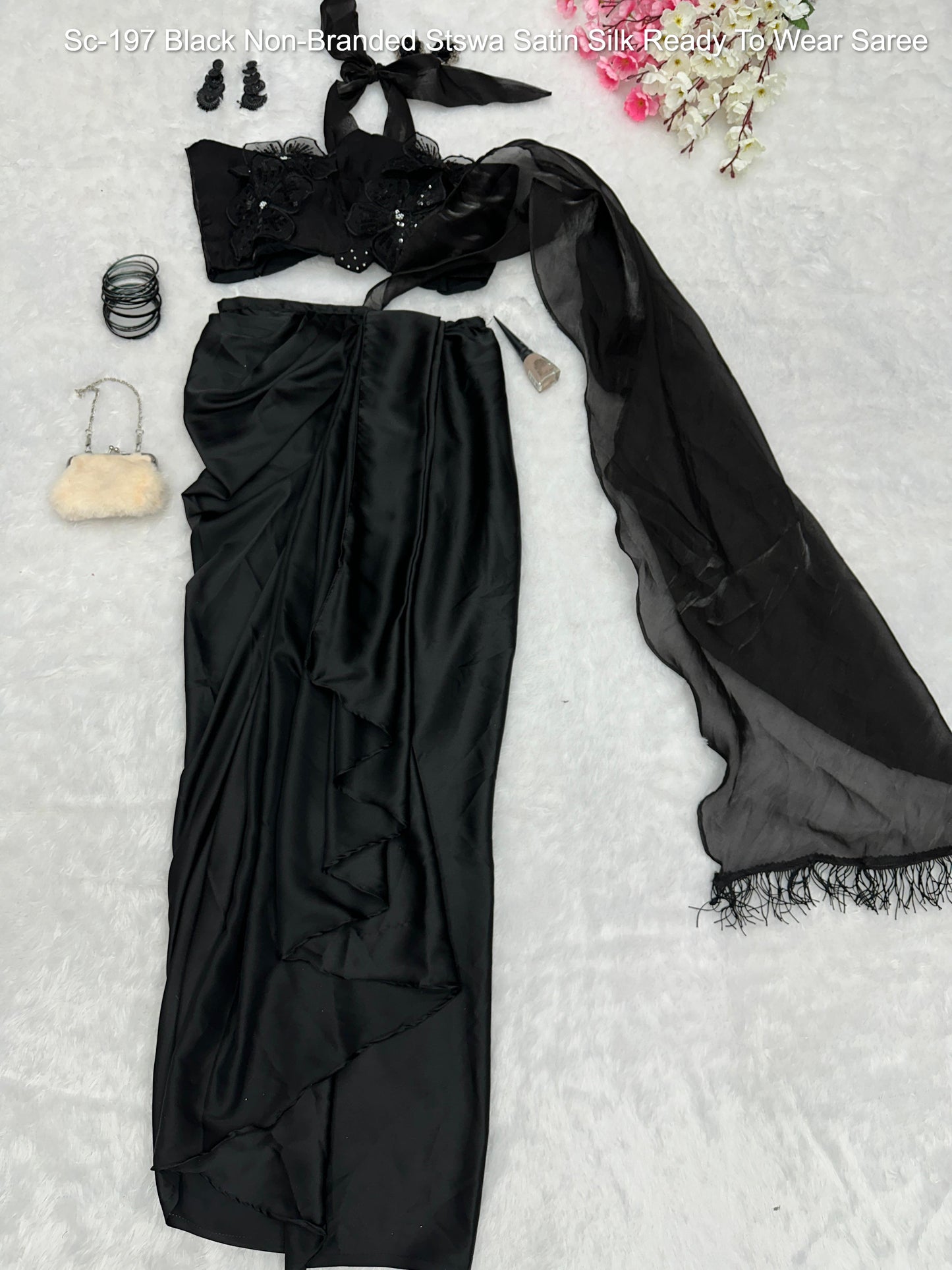 Sc-197 Black Non-Branded Stswa Satin Silk Ready To Wear Saree
