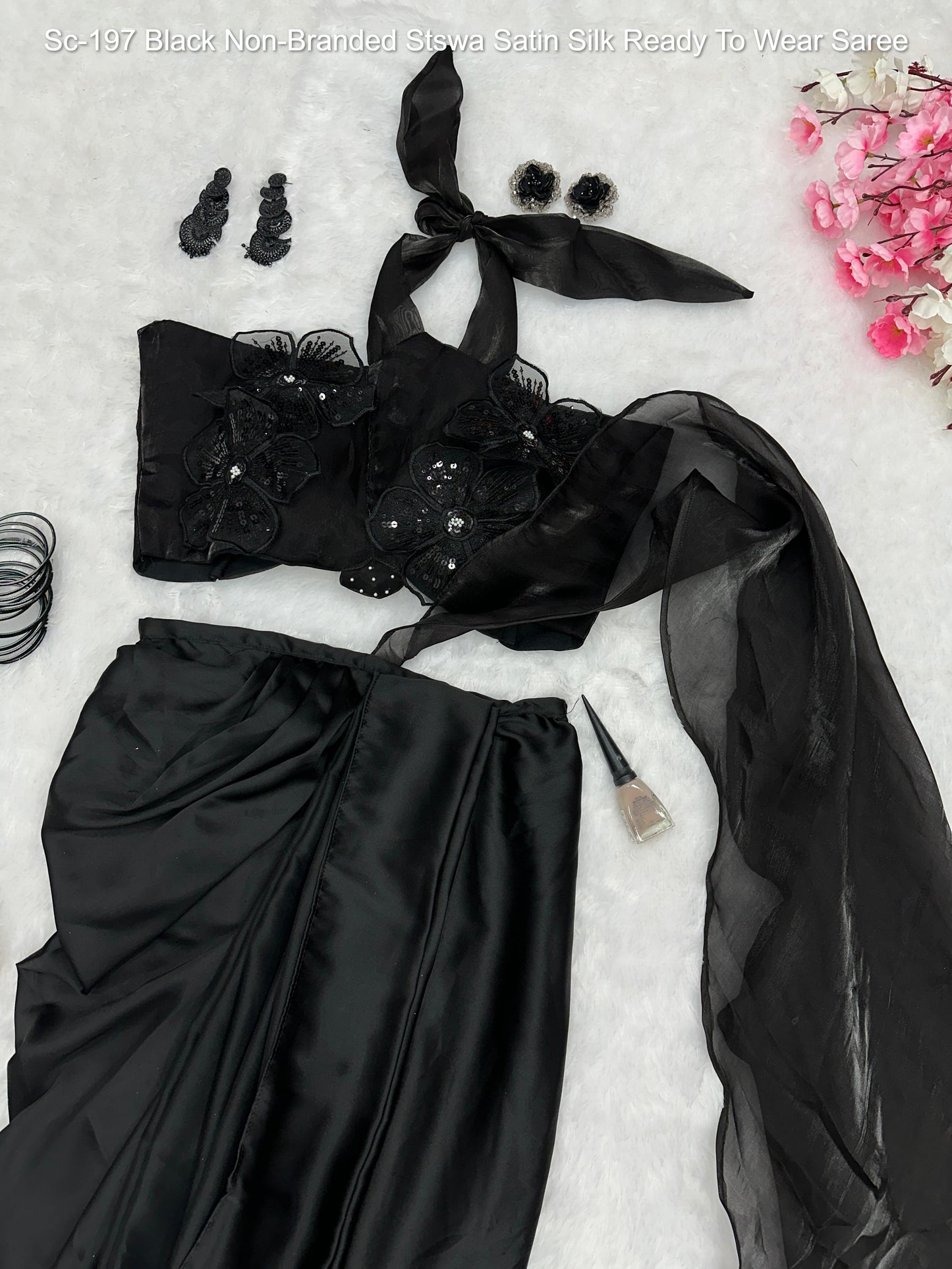 Sc-197 Black Non-Branded Stswa Satin Silk Ready To Wear Saree