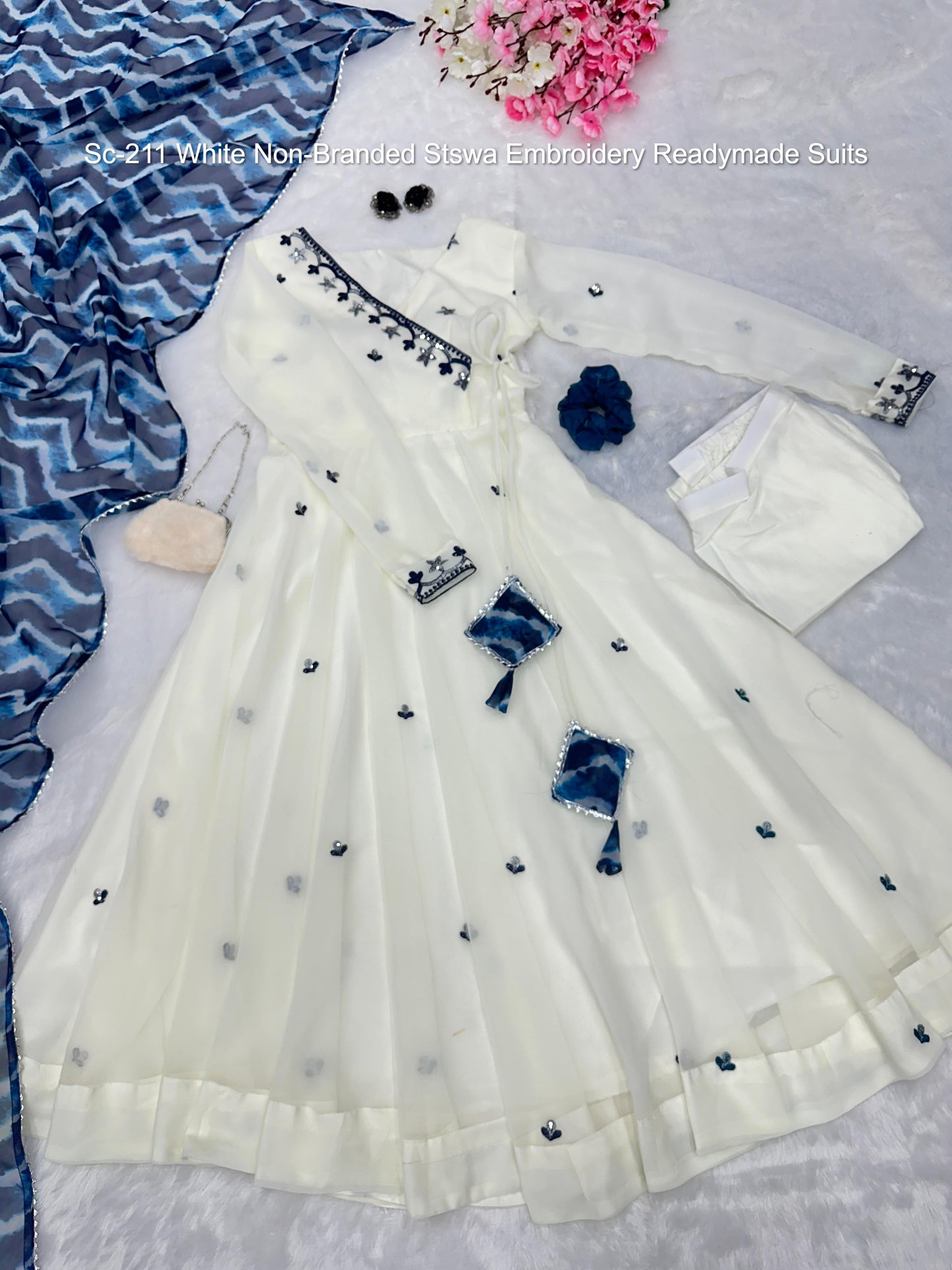Sc-211 White Non-Branded Stswa Embroidery Readymade Suits