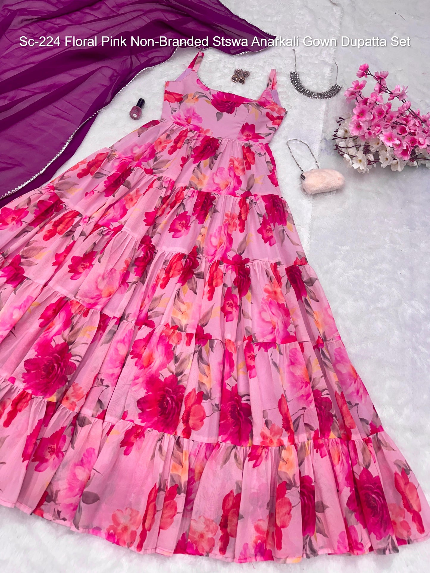 Sc-224 Floral Pink Non-Branded Stswa Anarkali Gown Dupatta Set
