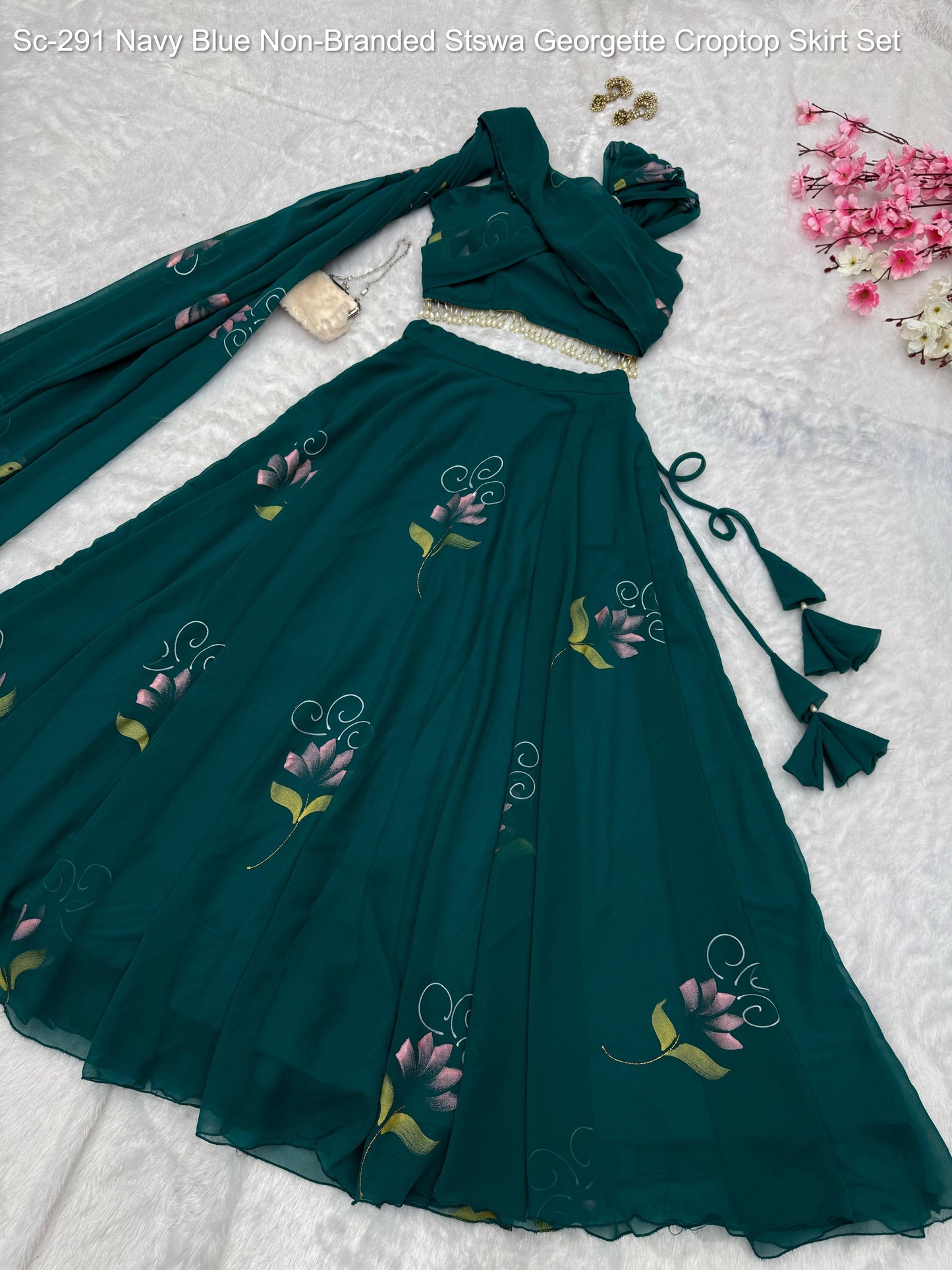 Sc-291 Navy Blue Non-Branded Stswa Georgette Croptop Skirt Set