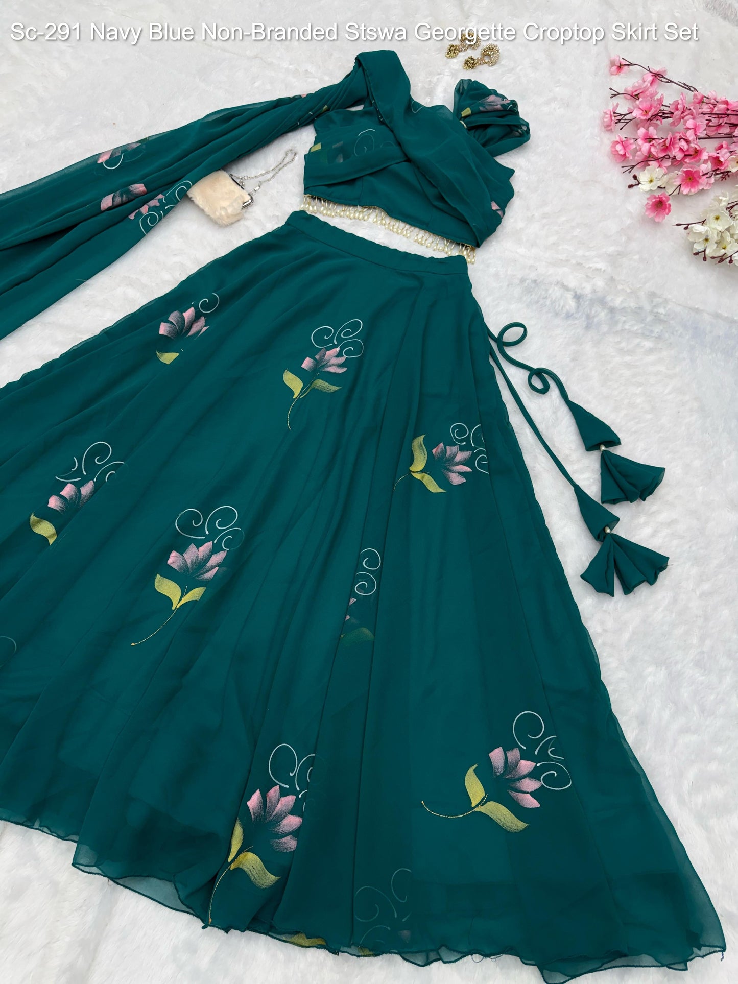 Sc-291 Navy Blue Non-Branded Stswa Georgette Croptop Skirt Set
