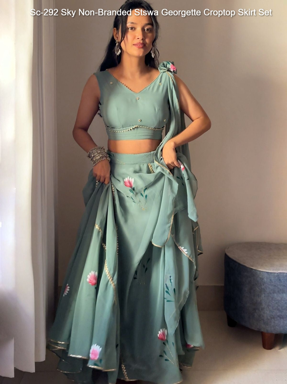 Sc-292 Sky Non-Branded Stswa Georgette Croptop Skirt Set
