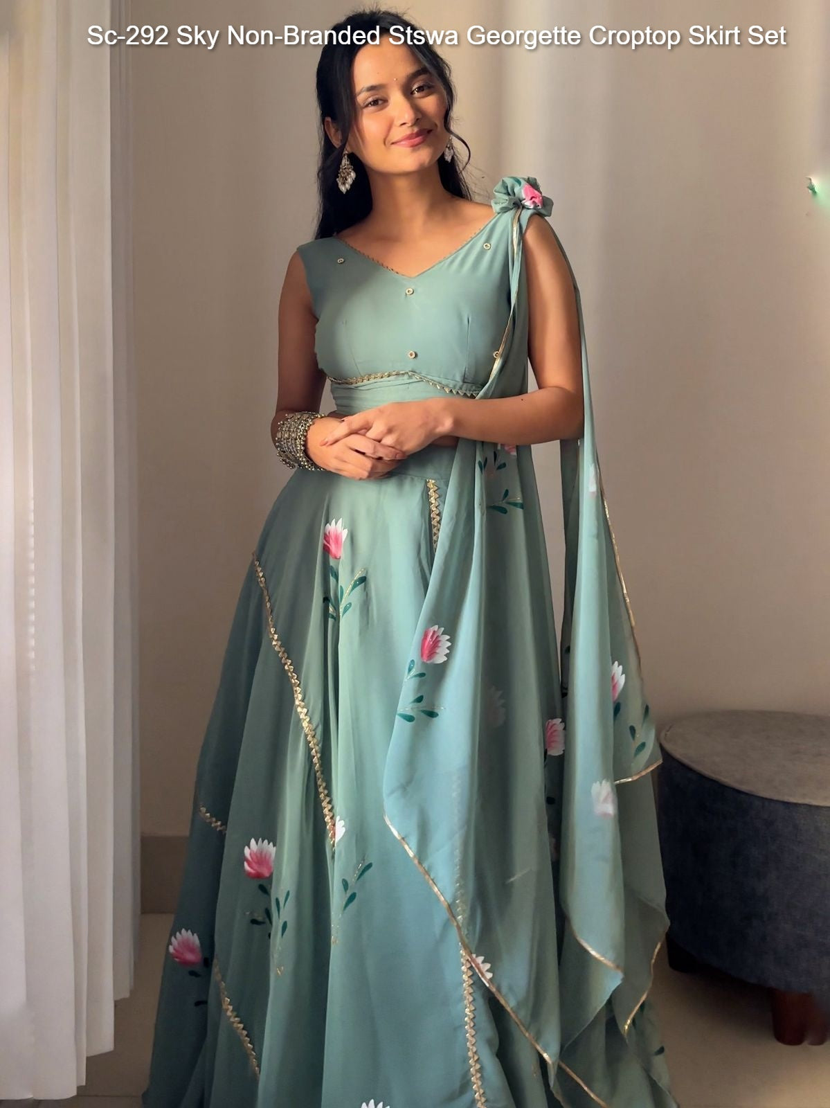 Sc-292 Sky Non-Branded Stswa Georgette Croptop Skirt Set