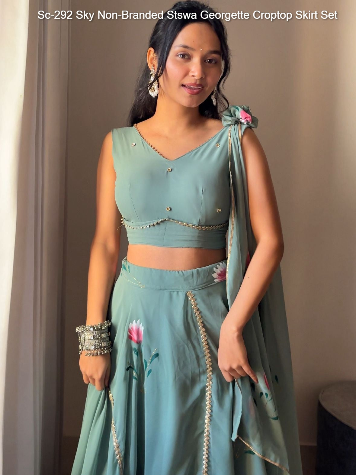 Sc-292 Sky Non-Branded Stswa Georgette Croptop Skirt Set