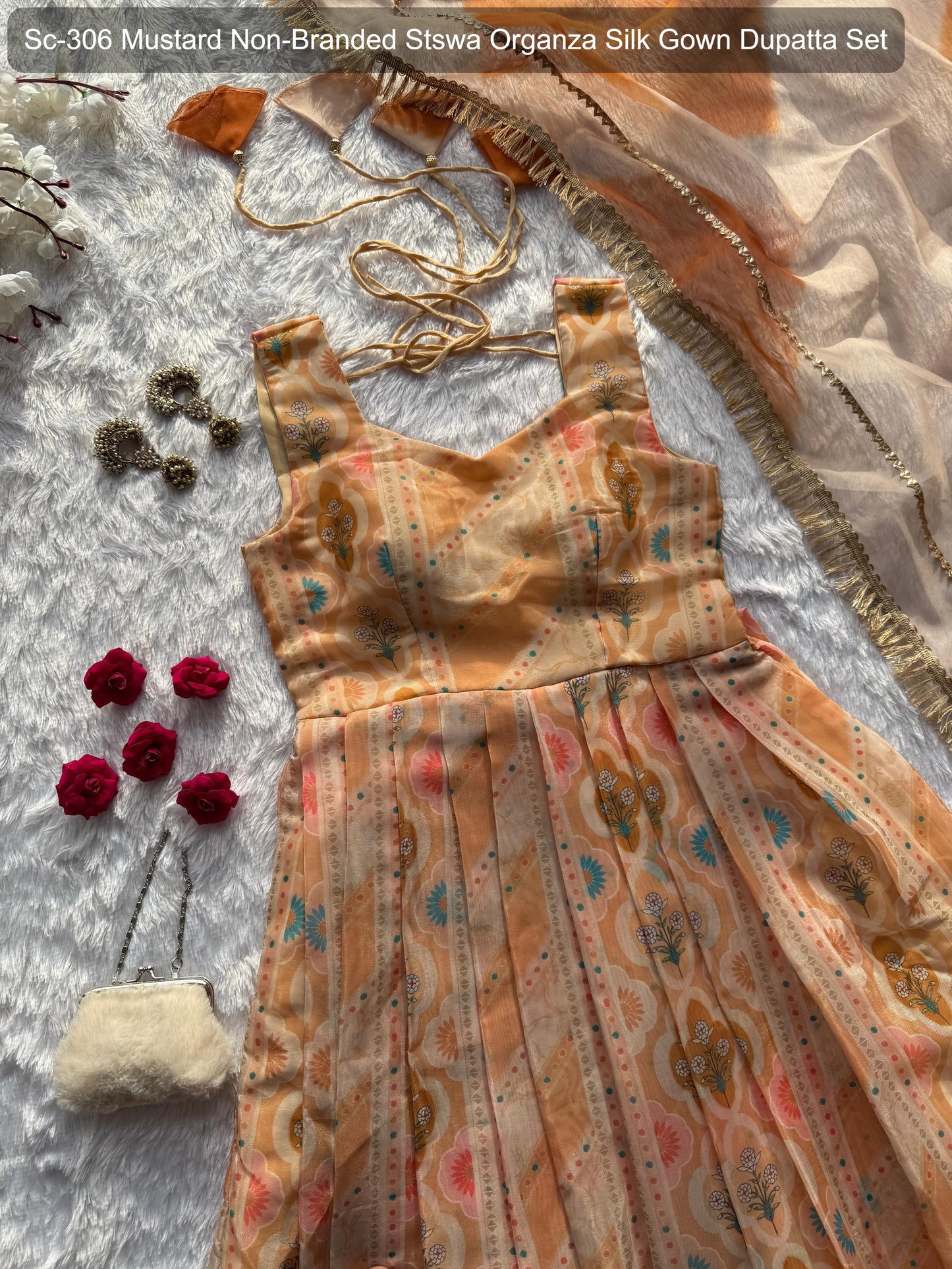 Sc-306 Mustard Non-Branded Stswa Organza Silk Gown Dupatta Set