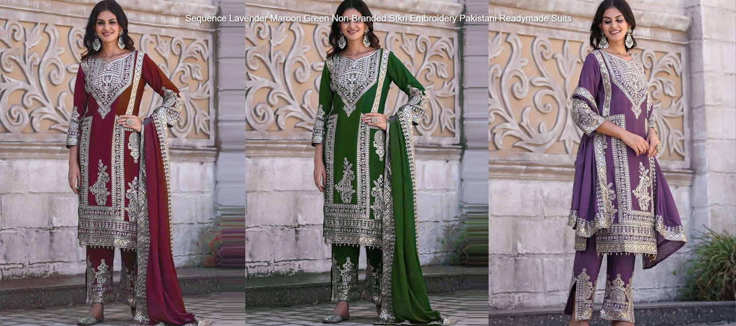 Sequence Lavender Maroon Green Non-Branded Stkri Embroidery Pakistani Readymade Suits
