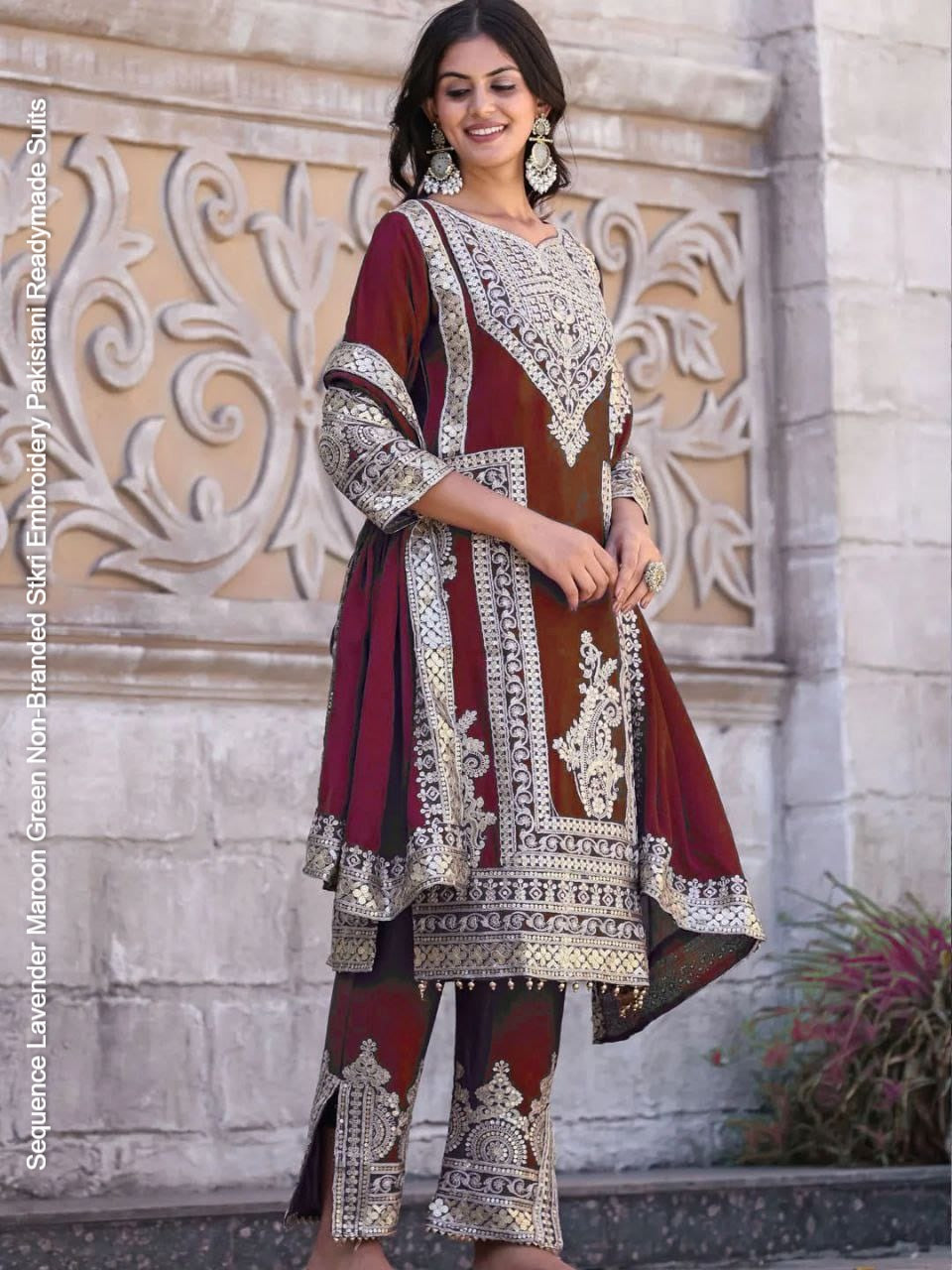 Sequence Lavender Maroon Green Non-Branded Stkri Embroidery Pakistani Readymade Suits