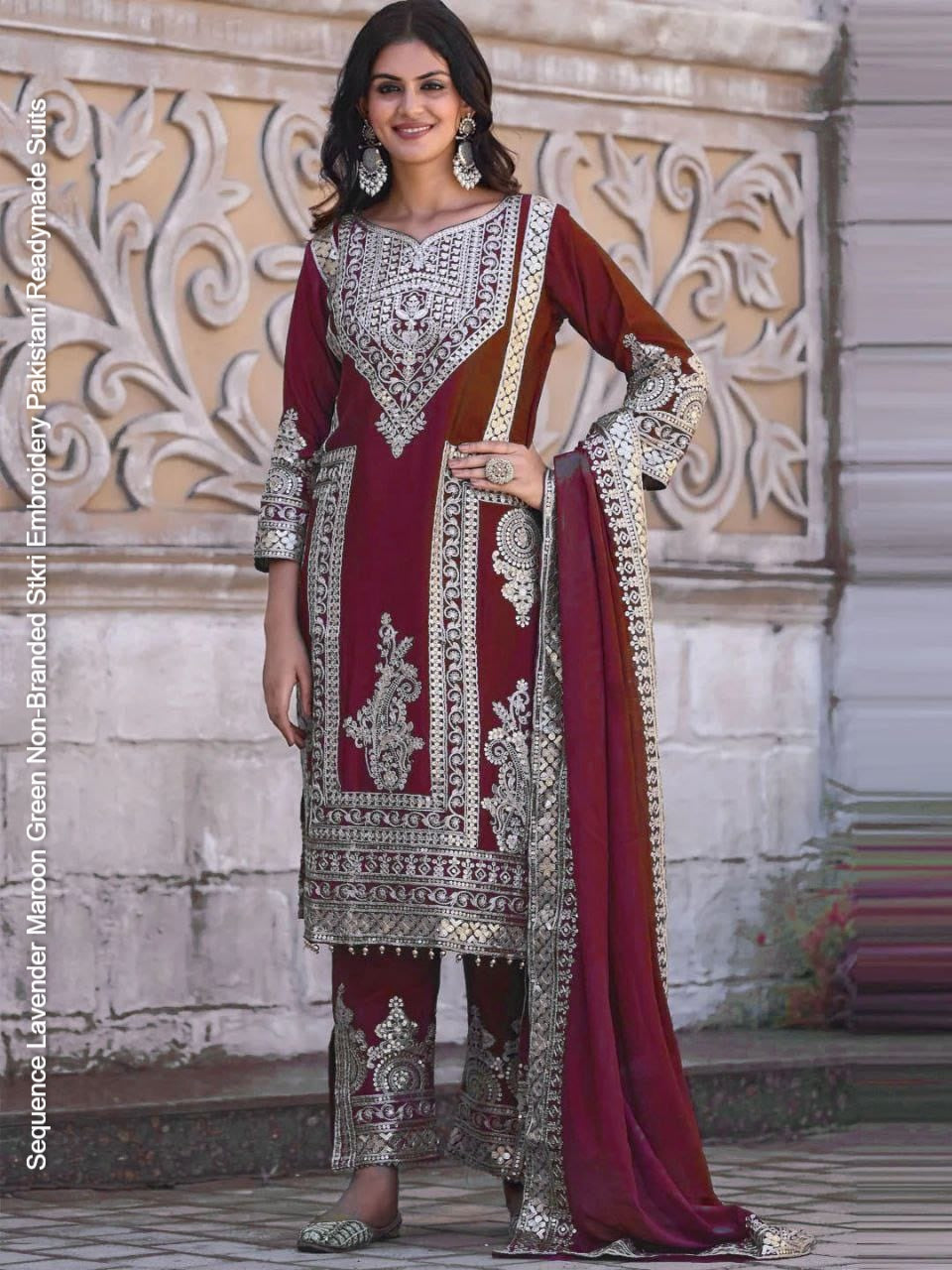 Sequence Lavender Maroon Green Non-Branded Stkri Embroidery Pakistani Readymade Suits