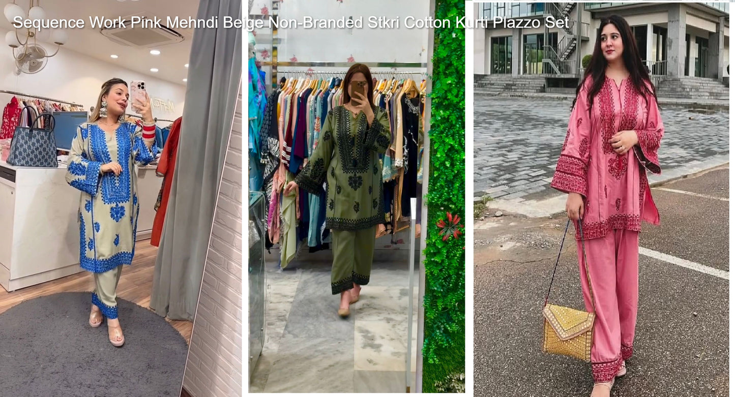 Sequence Work Pink Mehndi Beige Non-Branded Stkri Cotton Kurti Plazzo Set