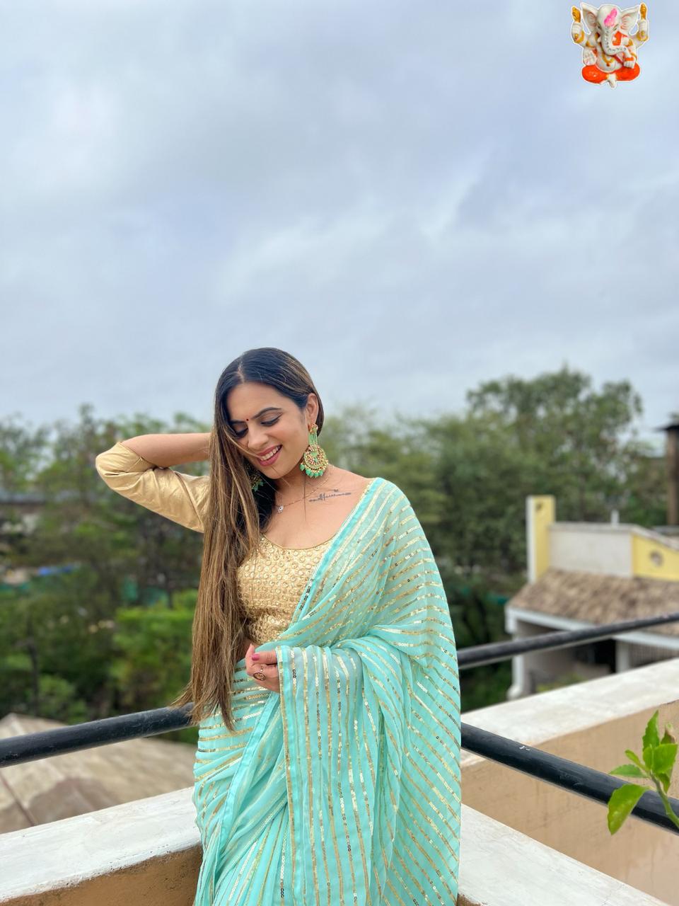 Sequins Work Sky Non-Branded Stmsb Georgette Sarees