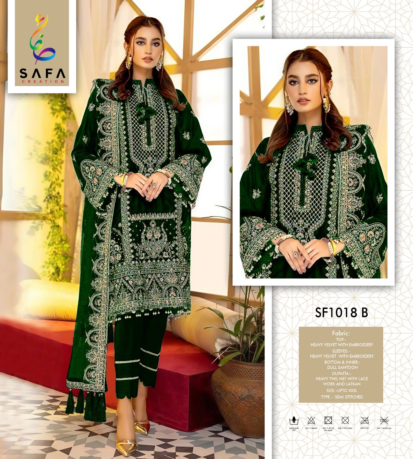 Sf-1018-B Safa Creation Embroidery Velvet Suits