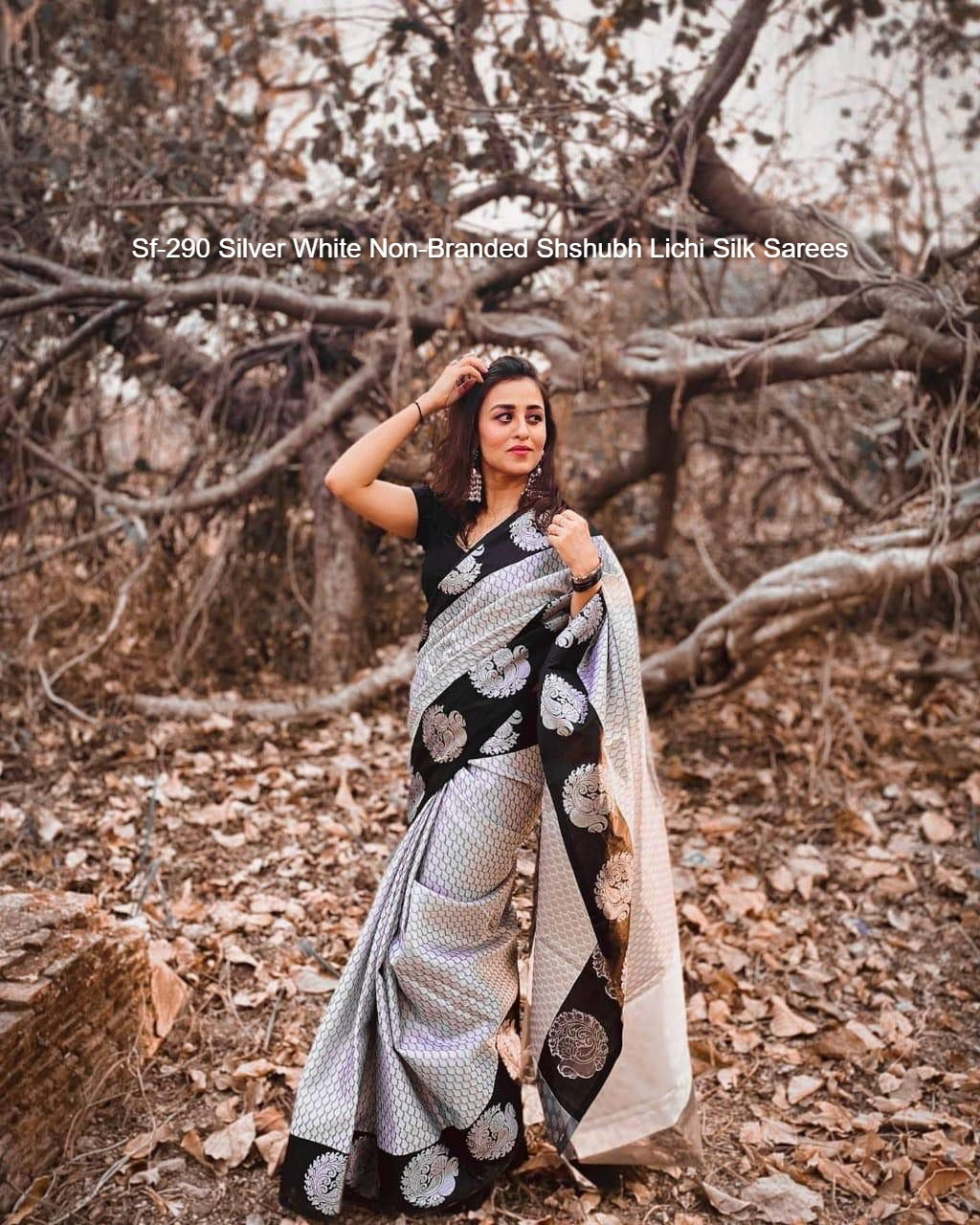 Sf-290 Silver White Non-Branded Shshubh Lichi Silk Sarees